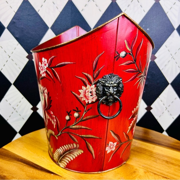 Other - Lion Head toleware Red Vibrant Showstopper w/ hand-painted florals